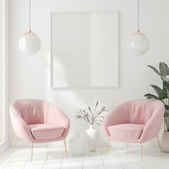 Minimalist living room interior with two pink chairs. a white picture frame. and two white lamps