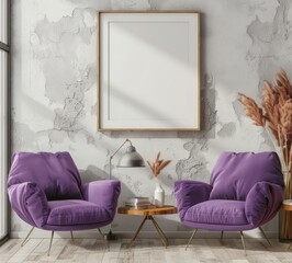Two purple armchairs with a wooden coffee table and a large empty frame on a textured white wall