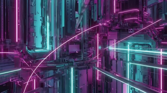 Neonlit futuristic cityscape with glowing lines