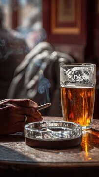 Smoke and Hops: A moody still life of a moment of relaxation, with a hand holding a smoking cigarette, a glass of beer.
