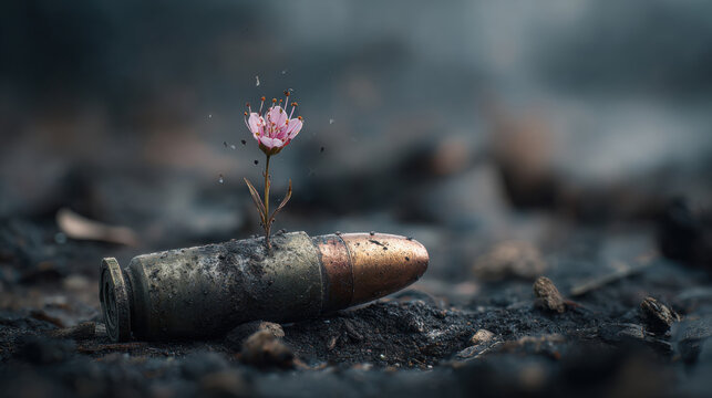 A delicate pink flower growing from a spent bullet shell on cracked soil, symbolizing hope amidst destruction.