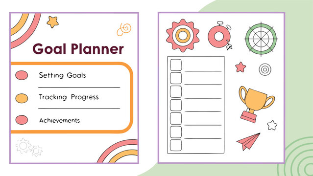 Creative goal planner page with checklist and motivational icons for setting goals tracking progress and celebrating achievements