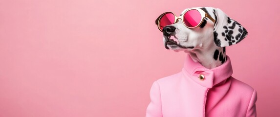 Dalmatian Dog in Stylish Pink Coat and Sunglasses on Solid Cool looking wearing funky