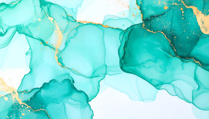 Teal Gold Abstract Ink Art Background.