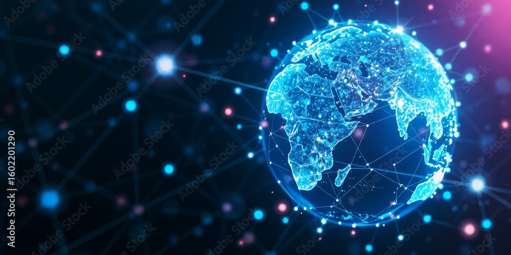 Poster luminous digital globe with interconnected glowing nodes and lines against a dark background