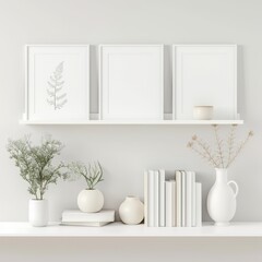 A white shelf with three white frames. two vases with dried branches. and a stack of books. with a single fern print in the left frame