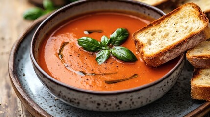 Bowl of vibrant tomato soup with toasted bread.