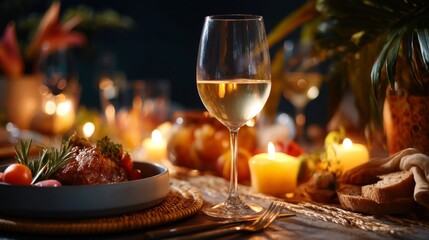 Elegant dinner party setup with wine and gourmet food cozy indoor atmosphere evening ambiance culinary delight