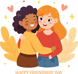 Two happy young girls with different skin tones and hair colors hugging each other warmly celebrating friendship day with decorative elements isolated on transparent background