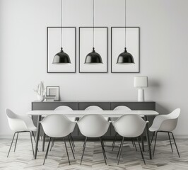 Modern dining room interior with black pendant lights and white chairs
