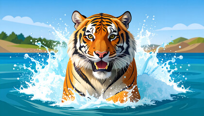 Tiger emerging from river water.