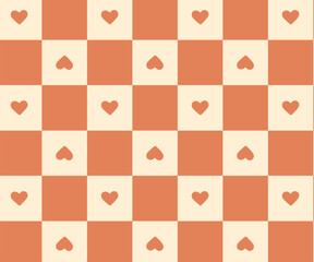 Seamless checkerboard pattern with heart icons, flat vector style, soft orange and cream tones, hand-drawn look. Ideal for Valentine's Day designs, stationery, textiles, wrapping paper.