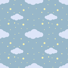 Abstract seamless cloud pattern, pastel blue, minimal style, cute, kawaii background. Suitable for use in children's learning materials, product posters, birthday cards, weddings, business cards.