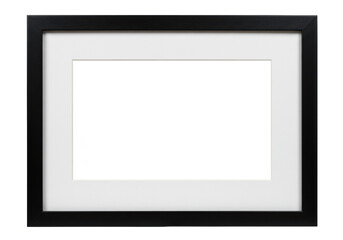 Rectangular picture frame with solid black outer, sharp contours, wide white matboard, thin gray inner border, and empty copy space, isolated on transparent background with soft studio light, no