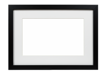 Rectangular picture frame with solid black outer, sharp contours, wide white matboard, thin gray inner border, and empty copy space, isolated on transparent background with soft studio light, no