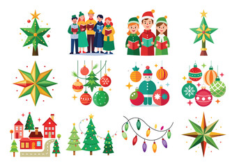 a Vector Festive Christmas Icons Collection Carolers Trees Ornaments Lights and Holiday Decorations on white background