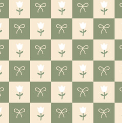 Vector seamless checkered pattern with tulips and bows, hand-drawn look, soft green and beige colors. Perfect for spring design, baby shower, fabric, stationery, or kids’ products.