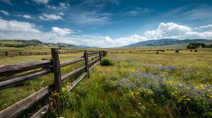 Scenic countryside view grazing cattle in distant field classic wooden fence in foreground natural wildflowers scattered across grassland blue sky with soft clouds wide angle pastoral landscape