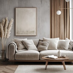 Serene living room with neutral tones, pampas grass, and wooden accents