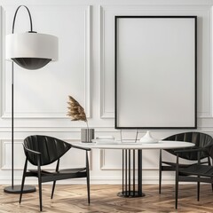 Modern minimalist home office interior with two black chairs. a round table. a lamp. and a blank poster