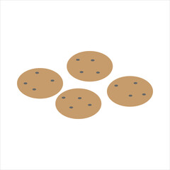 : A group of four round brown cookies with chocolate chips in a simple flat style.
