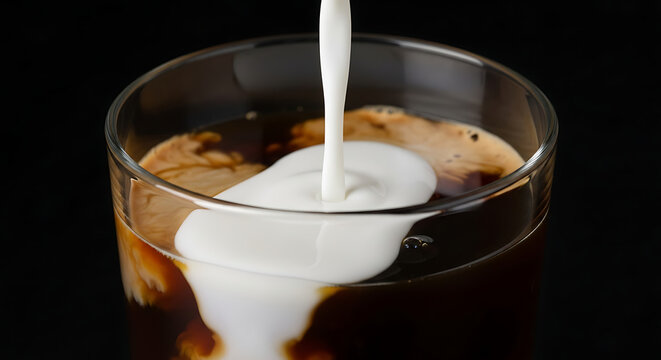 Pouring Cream into a Glass of Dark Coffee on Black Background