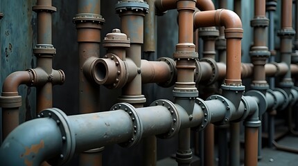 High-resolution photo of rusted metal pipes with blue-green patina and star-shaped valve. Blurred background emphasizes detailed industrial pipe network.