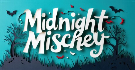 Papercraft style title reads Midnight Mishey. Dark trees, grass, bats create spooky Halloween scene. Teal background adds contrast.