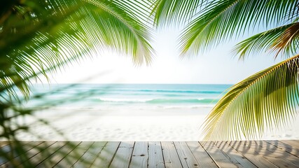 Fototapeta premium Photo of a serene tropical beach scene viewed through lush palm leaves with a wooden deck in the foreground