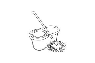 Continuous one line drawing of Cleaning mop and bucket. Single line drawing illustration of Mop and plastic bucket. Floor cleaning equipment concept vector art. Doodle line illustration.