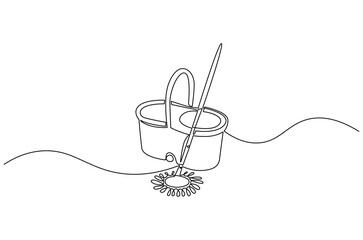 Continuous one line drawing of Cleaning mop and bucket. Single line drawing illustration of Mop and plastic bucket. Floor cleaning equipment concept vector art. Doodle line illustration.