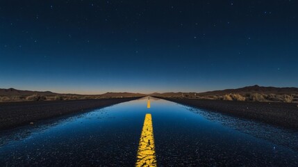 A paved road reflecting the night sky in a puddle.