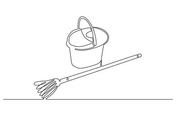 Continuous one line drawing of Cleaning mop and bucket. Single line drawing illustration of Mop and plastic bucket. Floor cleaning equipment concept vector art. Doodle line illustration.