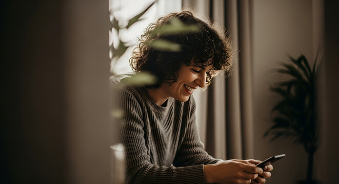 A smiling woman with curly hair looks at her smartphone while sitting indoors near a window and plants, bathed in soft, natural light. - Powered by Adobe