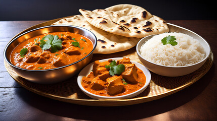 Balanced Wide Shot: Flavorful Curry with Warm Fluffy Naan Bread and Basmati Rice

