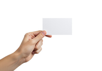 Obraz premium Young caucasian hand gently holding a blank matte white A6 card, presented slightly upwards, against a seamless transparent background with ample copy space, shadowless studio lighting, concept of a