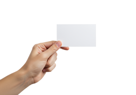 Young caucasian hand gently holding a blank matte white A6 card, presented slightly upwards, against a seamless transparent background with ample copy space, shadowless studio lighting, concept of a