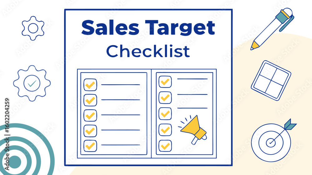 Poster sales target checklist with icons representing goals and achievement