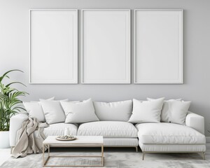 Minimalist living room interior with white sofa. three empty picture frames. and a coffee table