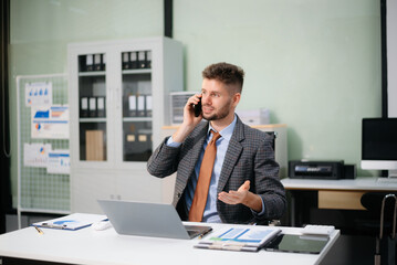 Confident businessman works on analytics, tax reports and financial research. Success, accounting and strategy