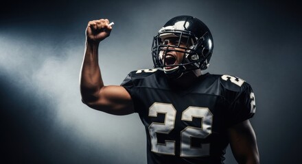 Triumphant Football Player: Black Jersey, Helmet, Victory Fist, Intense Expression, Dramatic Lighting