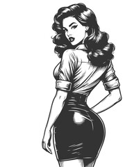 confident woman with long wavy hair, turning back in a form-fitting blouse and pencil skirt sketch engraving generative ai fictional character vector illustration. Scratch board. Black and white image