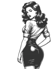 Fotobehang confident woman with long wavy hair, turning back in a form-fitting blouse and pencil skirt sketch engraving generative ai fictional character vector illustration. Scratch board. Black and white image © Oleksandr Pokusai