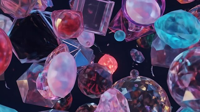 A dark background with many colorful multifaceted gemstones and spheres