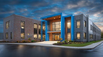 Fototapeta premium Modern eco-friendly elementary school with brick facade and greenery