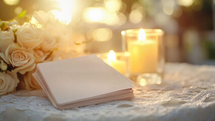 Prayer Cards on Funeral Table,  Funeral reception table with prayer cards, peaceful mood, decorated with candles and roses, soft sunlight