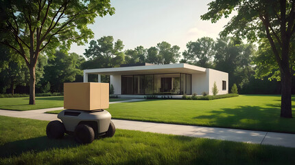 Autonomous Artificial intelligence Robot Courier Delivering Parcel to Smart Home in Eco Friendly Suburban Neighbourhood