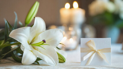 Prayer Cards on wedding Table,  Elegant wedding table with prayer cards, serene mood, adorned with a lily and candles, soft focus