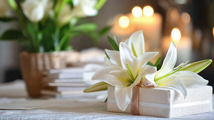 Prayer Cards on wedding Table, Wedding table with prayer cards, elegant mood, decorated with flowers and candles, soft background 
