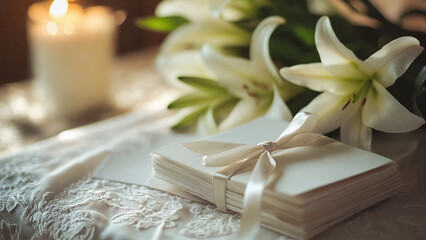 Prayer Cards on wedding Table, wedding ceremony cards,  Wedding ceremony cards on a table, romantic mood, featuring white lilies and candles, soft lighting